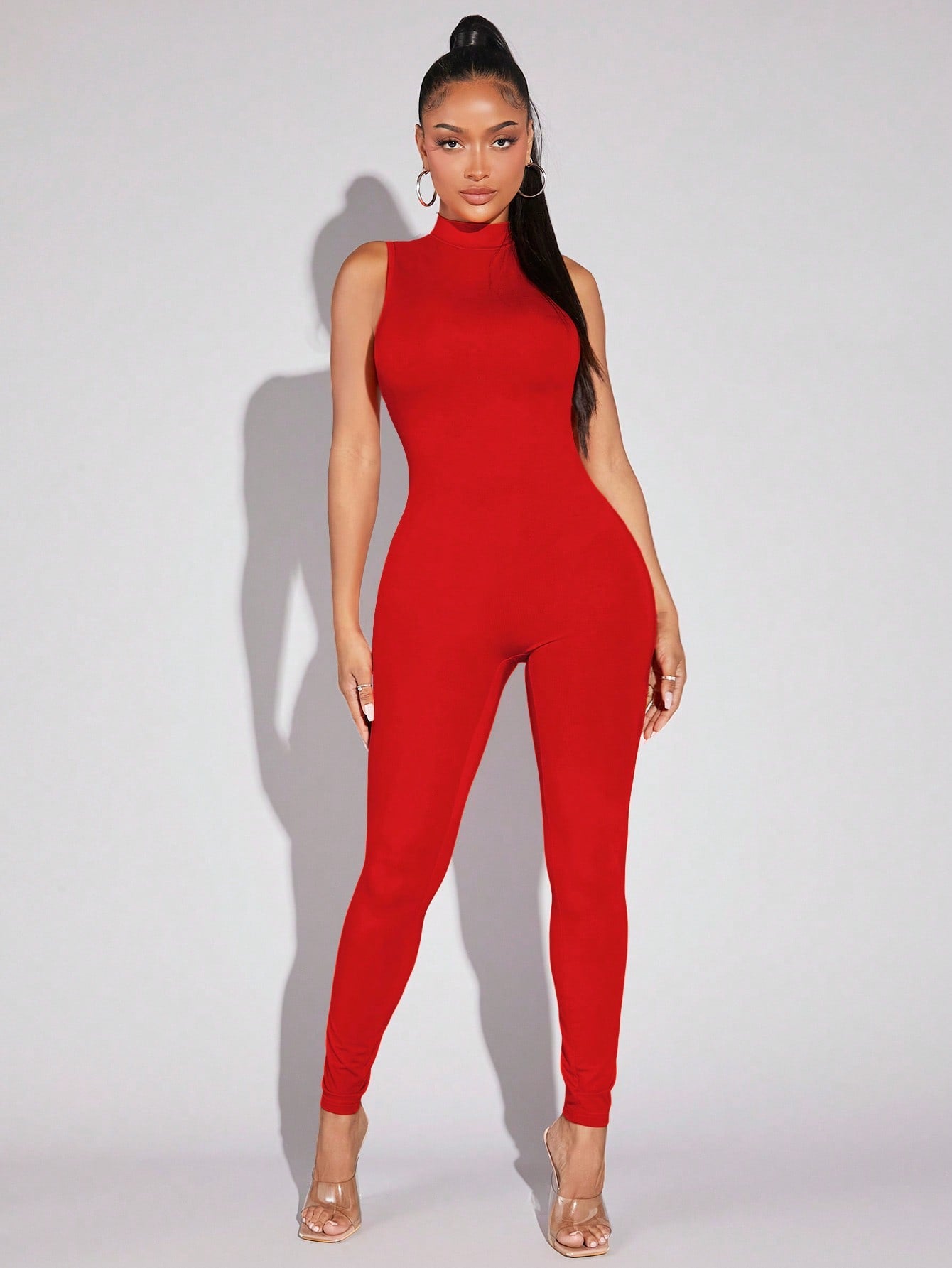 SXY Solid Mock Neck Unitard Jumpsuit