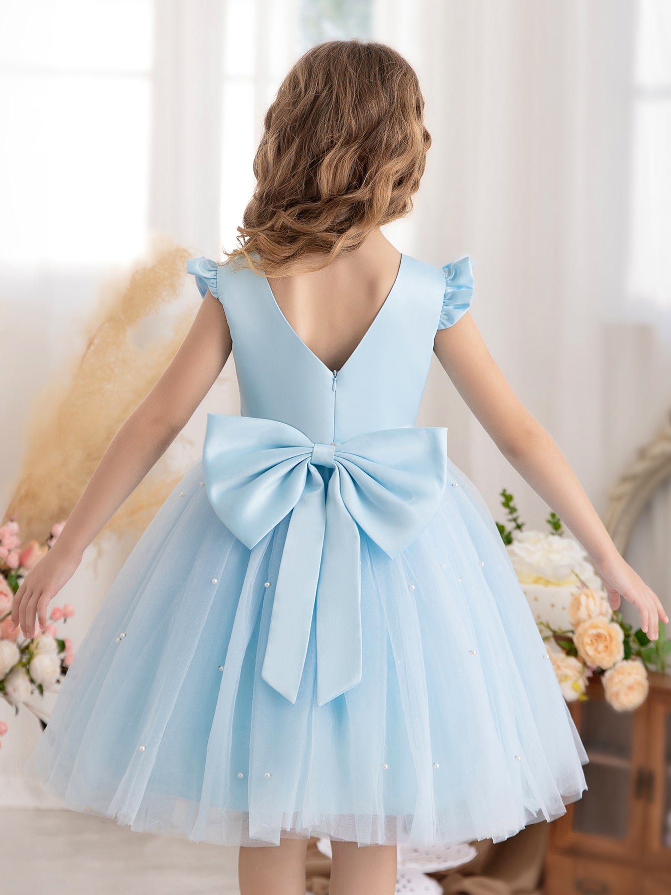 Young Girls' Butterfly Sleeve Mesh Dress With Princess Dress, Suitable For Birthday Party, Dance Party, Casual Wear, Instrumental Concert, Stage Performance