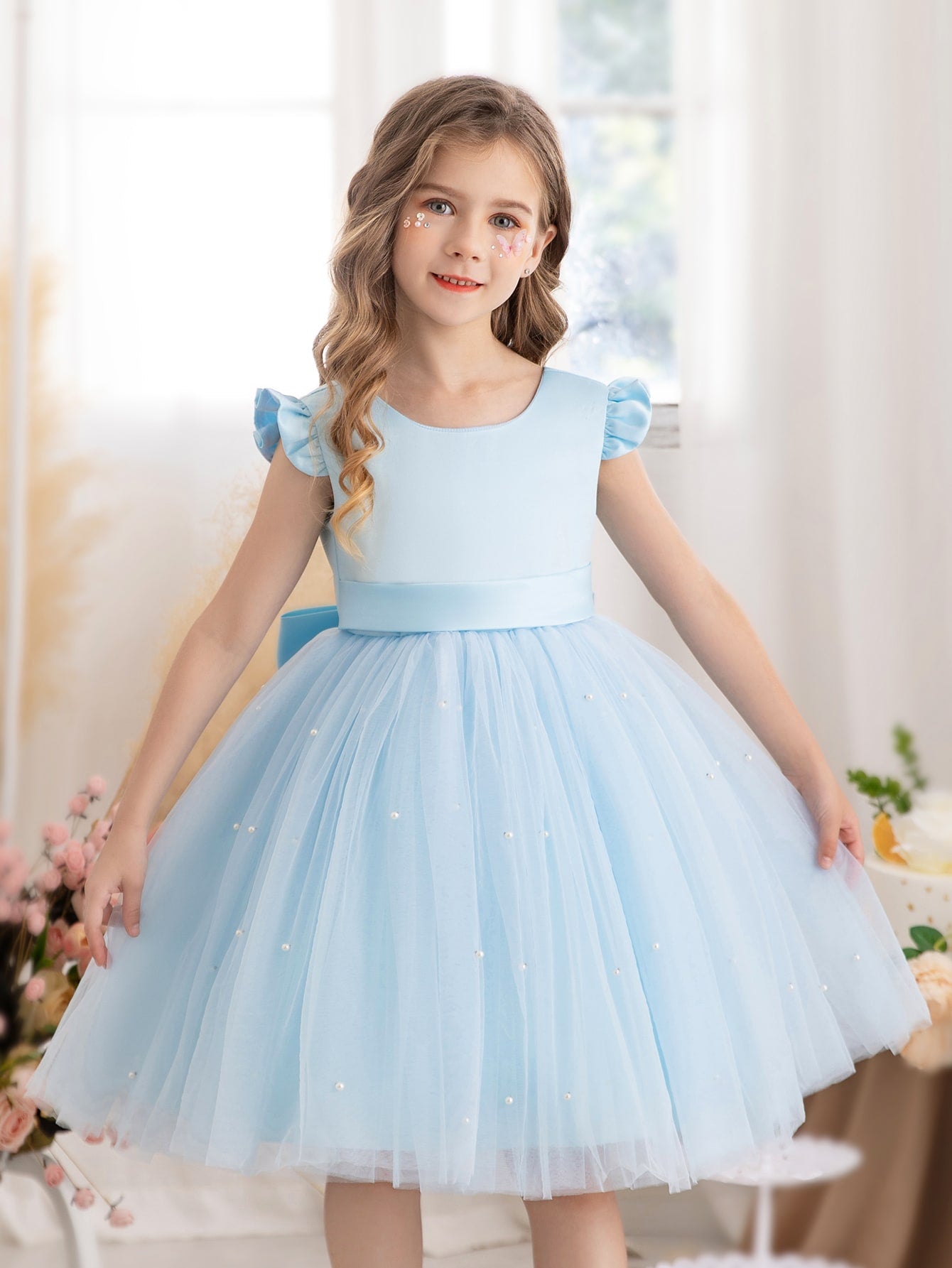 Young Girls' Butterfly Sleeve Mesh Dress With Princess Dress, Suitable For Birthday Party, Dance Party, Casual Wear, Instrumental Concert, Stage Performance