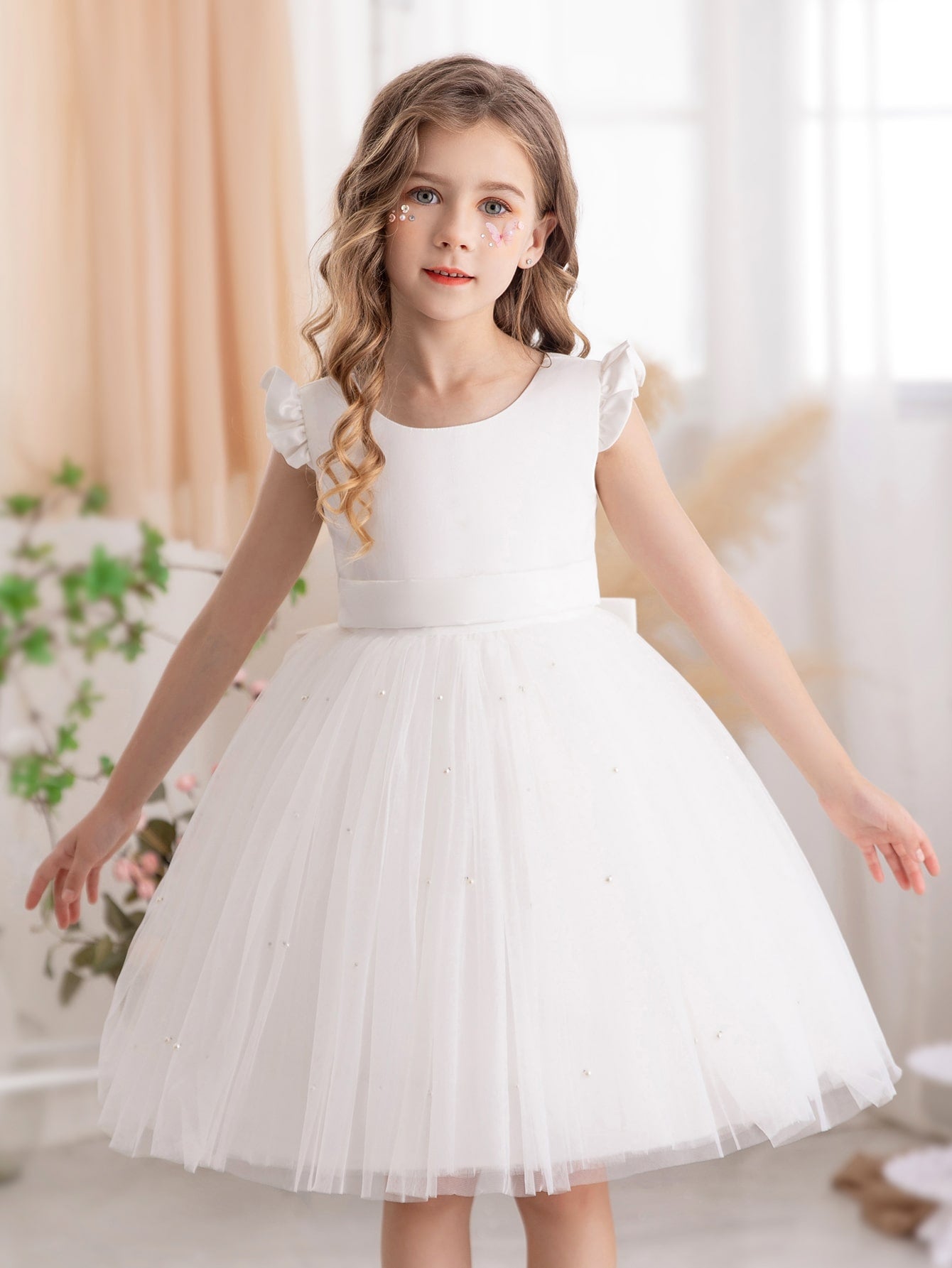 Young Girls' Butterfly Sleeve Mesh Dress With Princess Dress, Suitable For Birthday Party, Dance Party, Casual Wear, Instrumental Concert, Stage Performance