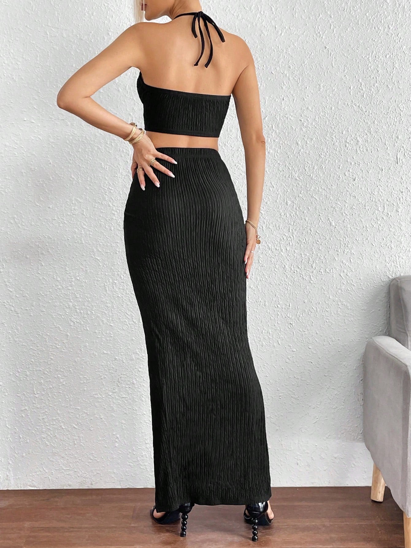 Privé Solid Crop Halter Top & Twist Front Split Thigh Skirt