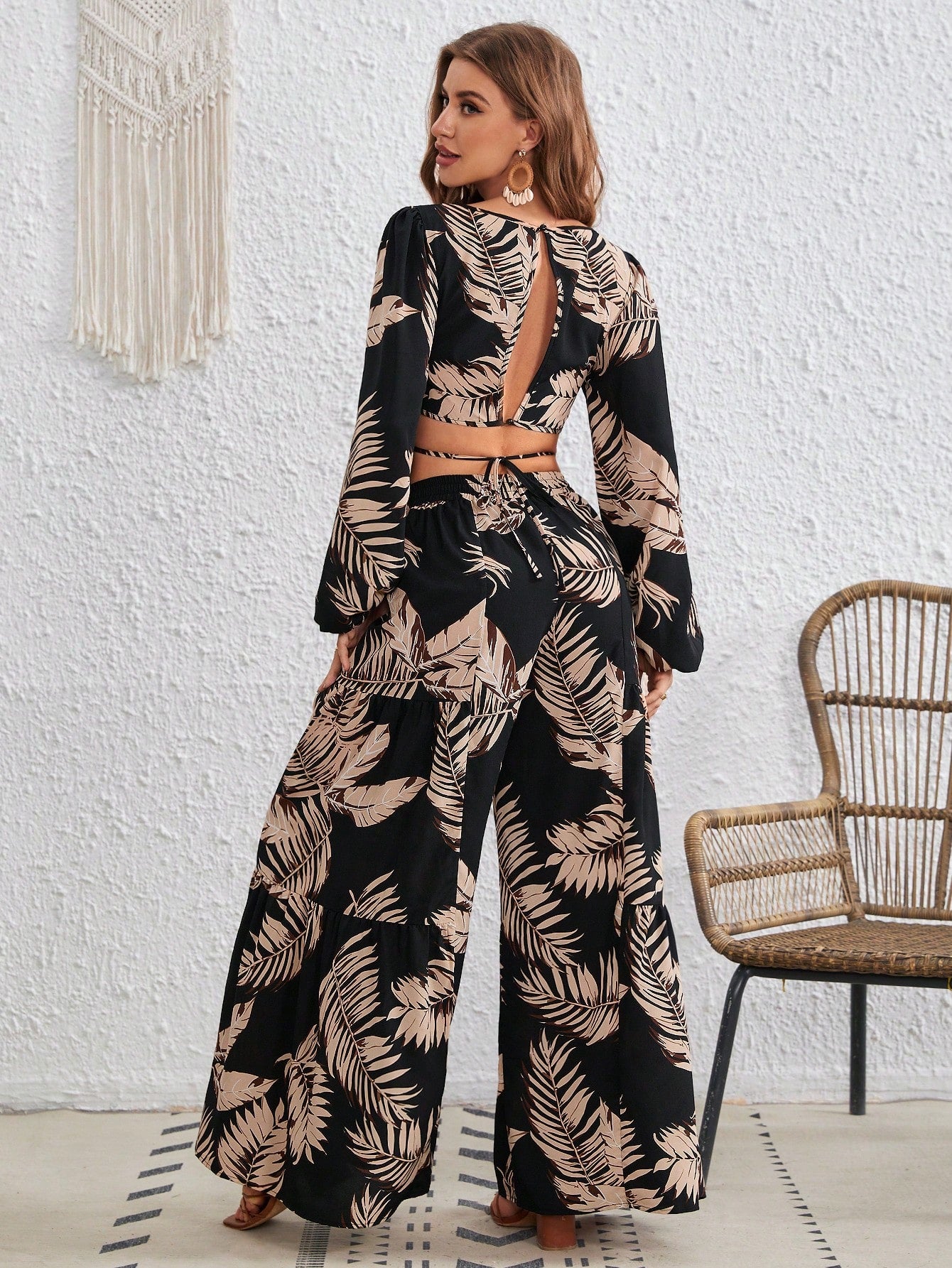 VCAY Tropical Print Tie Backless Lantern Sleeve Top & Wide Leg Pants