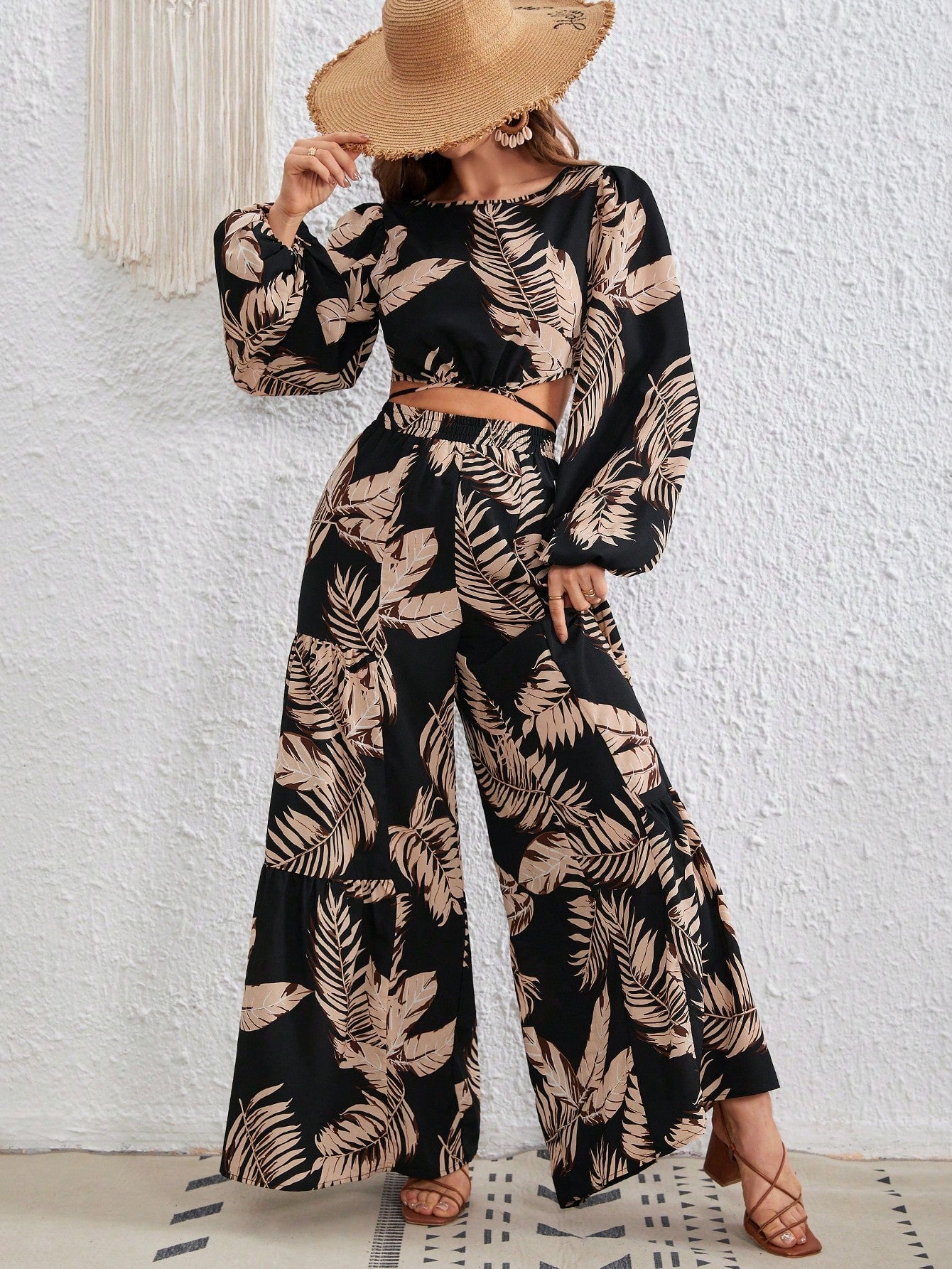 VCAY Tropical Print Tie Backless Lantern Sleeve Top & Wide Leg Pants