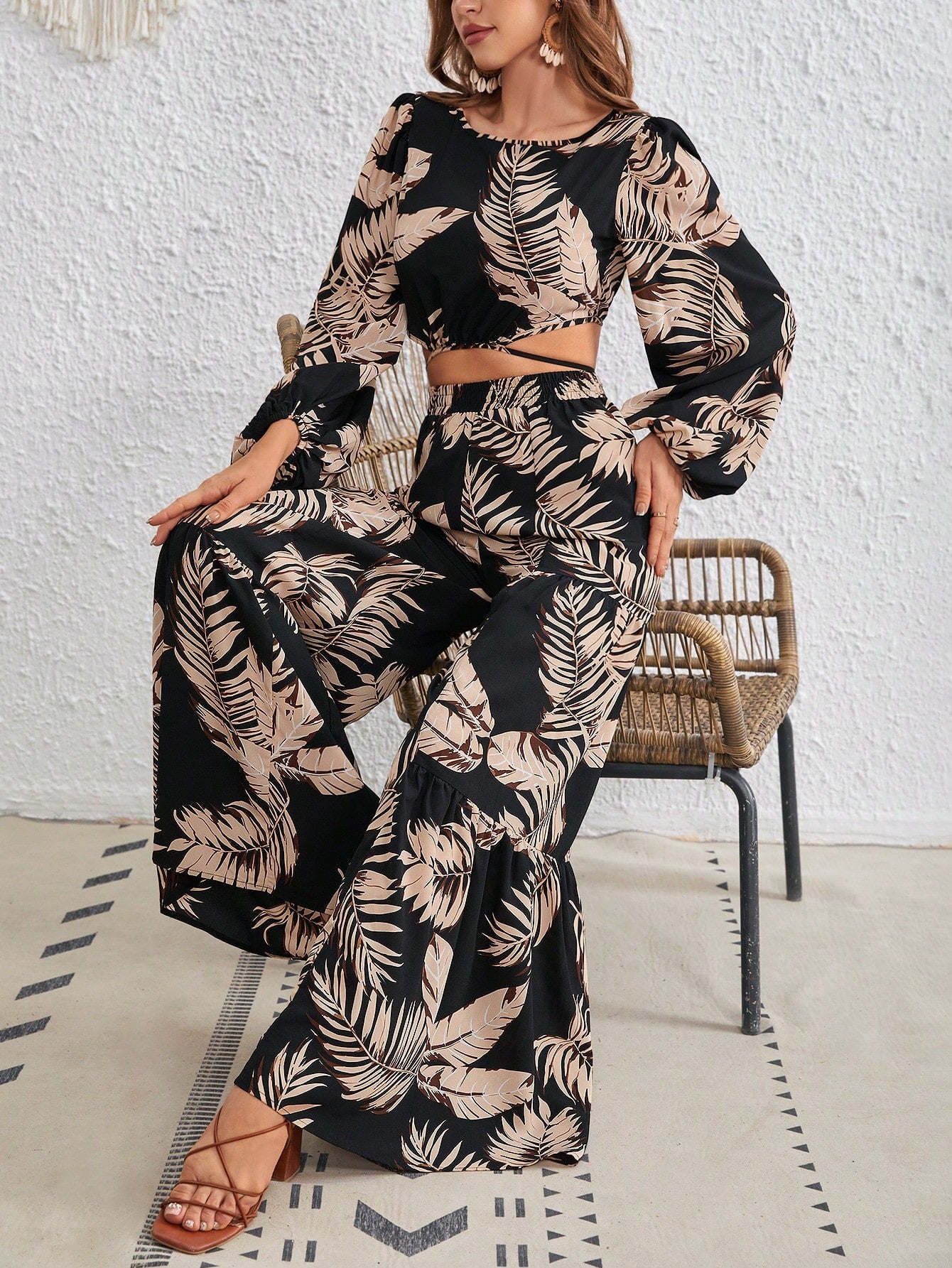 VCAY Tropical Print Tie Backless Lantern Sleeve Top & Wide Leg Pants