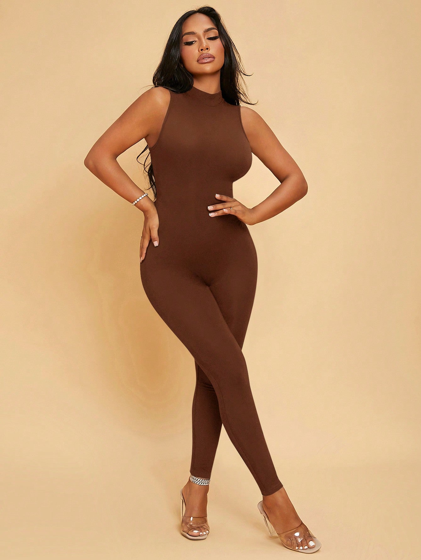 SXY Solid Mock Neck Unitard Jumpsuit