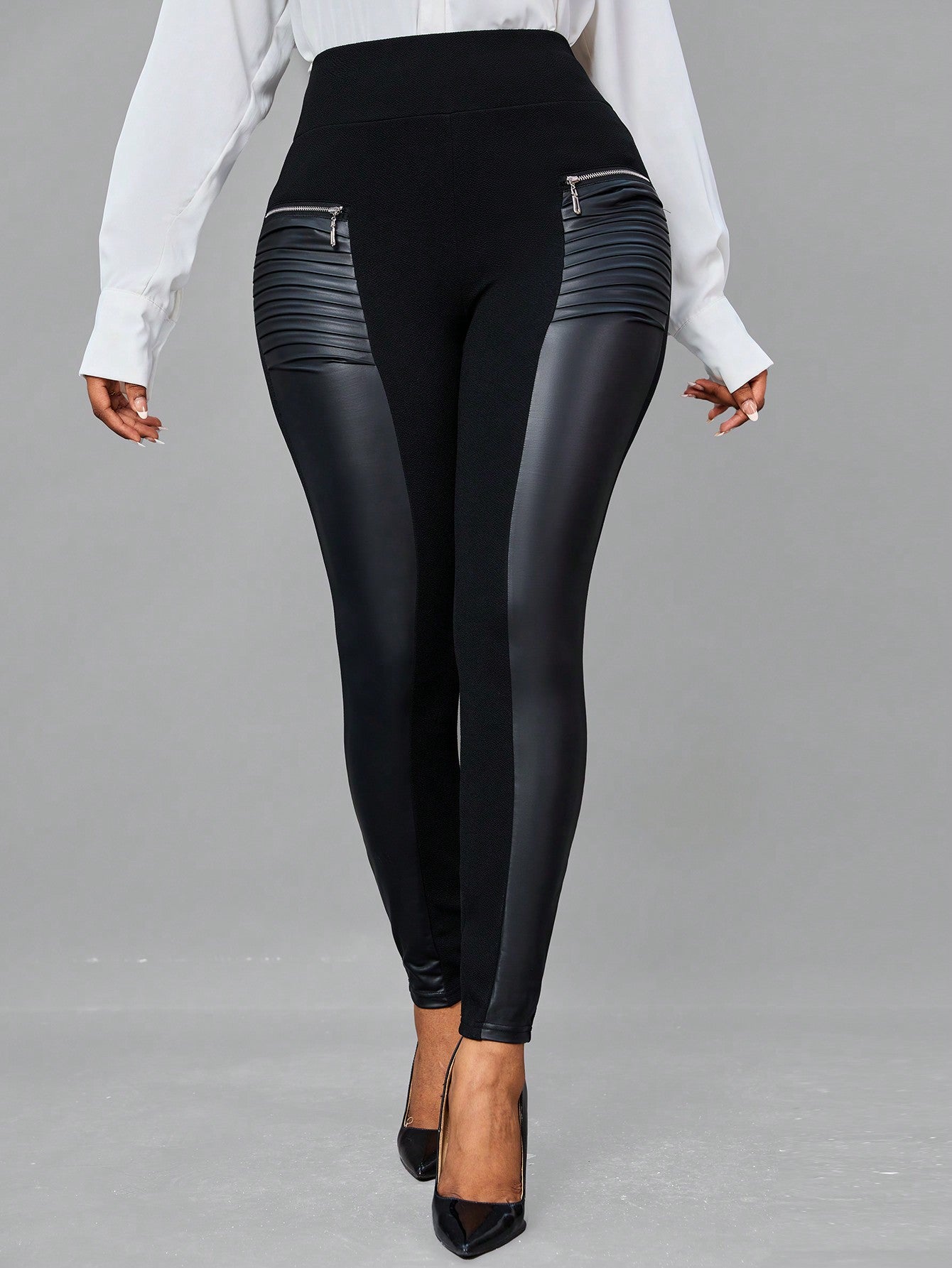 Lady Zip Detail Wideband Waist PU Leather Leggings