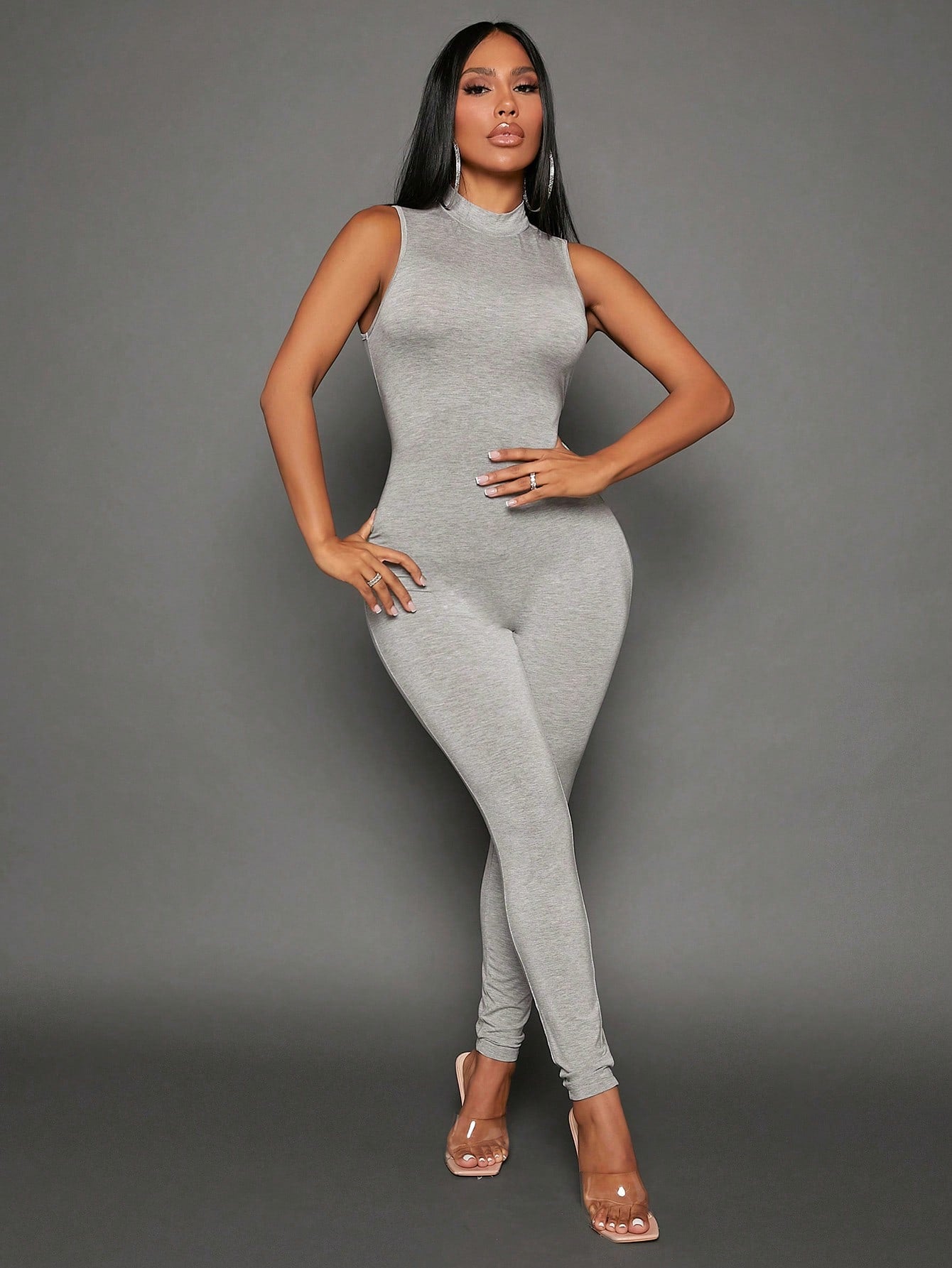 SXY Solid Mock Neck Unitard Jumpsuit