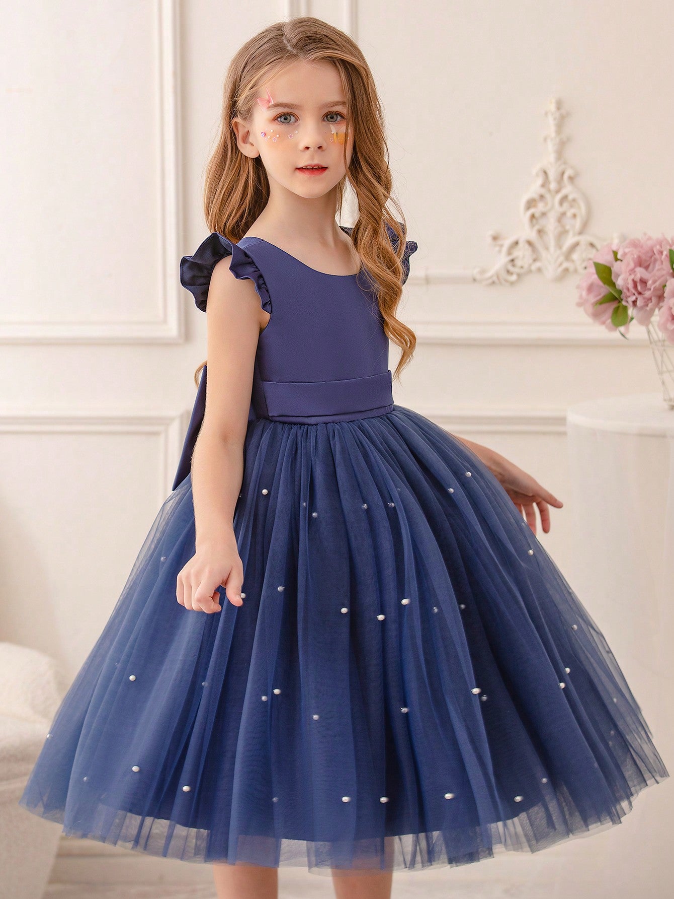 Young Girls' Butterfly Sleeve Mesh Dress With Princess Dress, Suitable For Birthday Party, Dance Party, Casual Wear, Instrumental Concert, Stage Performance