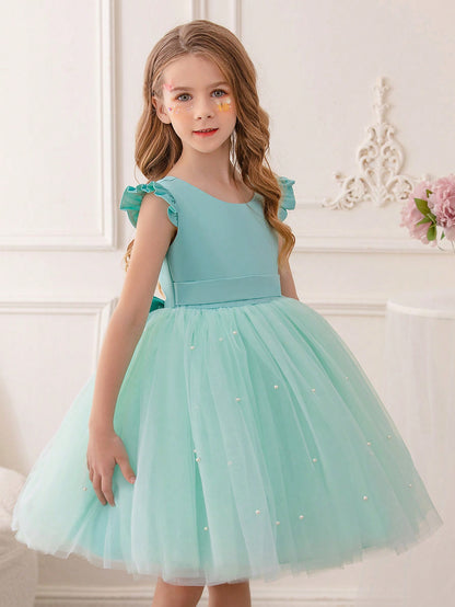 Young Girls' Butterfly Sleeve Mesh Dress With Princess Dress, Suitable For Birthday Party, Dance Party, Casual Wear, Instrumental Concert, Stage Performance