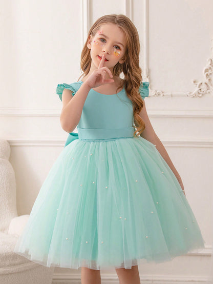Young Girls' Butterfly Sleeve Mesh Dress With Princess Dress, Suitable For Birthday Party, Dance Party, Casual Wear, Instrumental Concert, Stage Performance