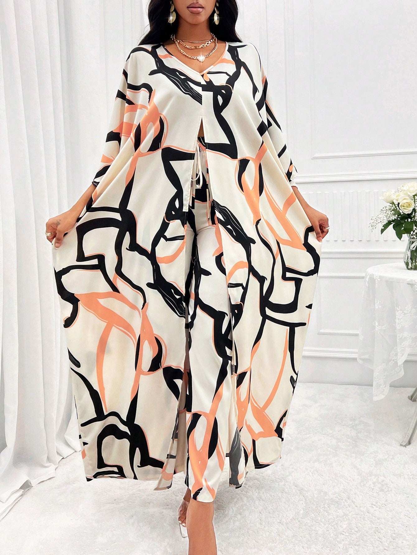 Lady Allover Print Batwing Sleeve Dress & Pants