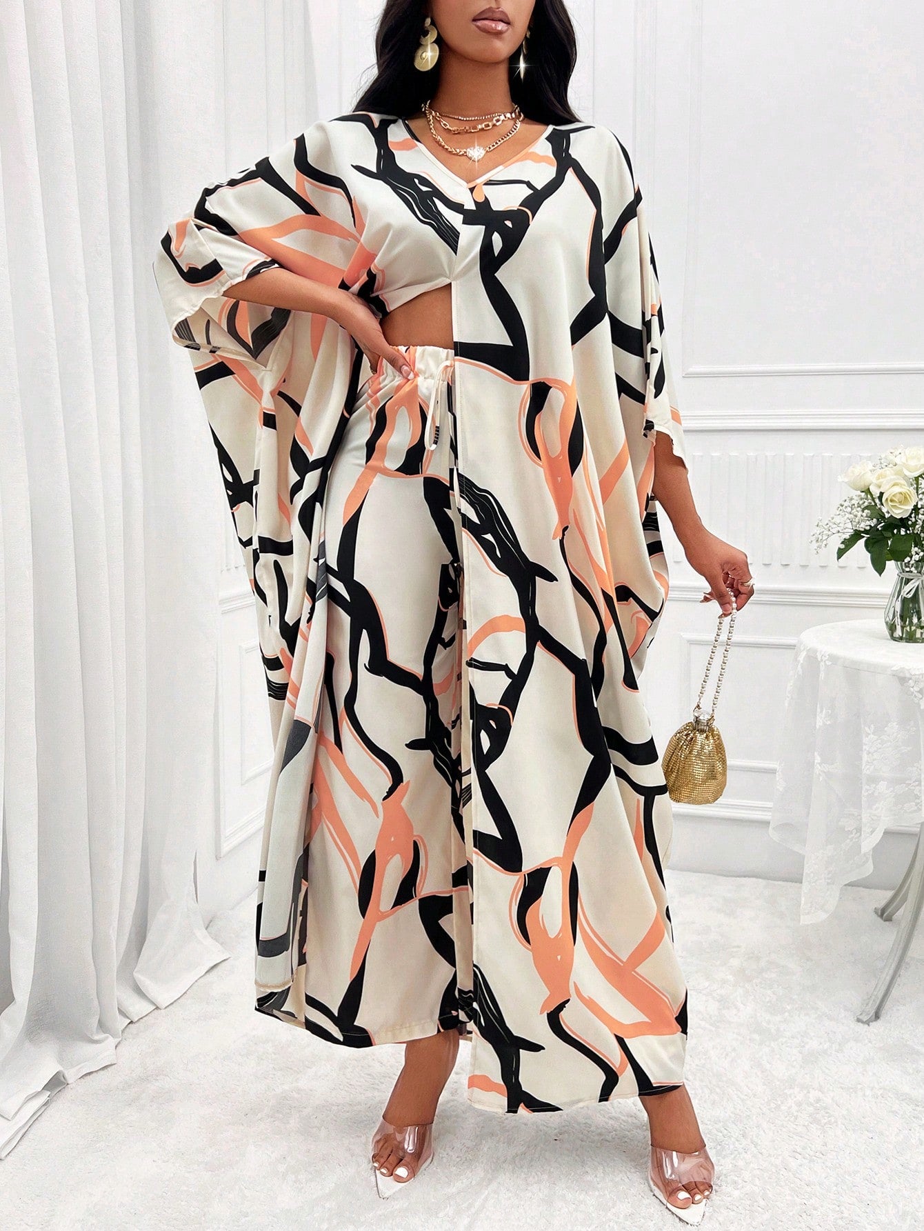 Lady Allover Print Batwing Sleeve Dress & Pants