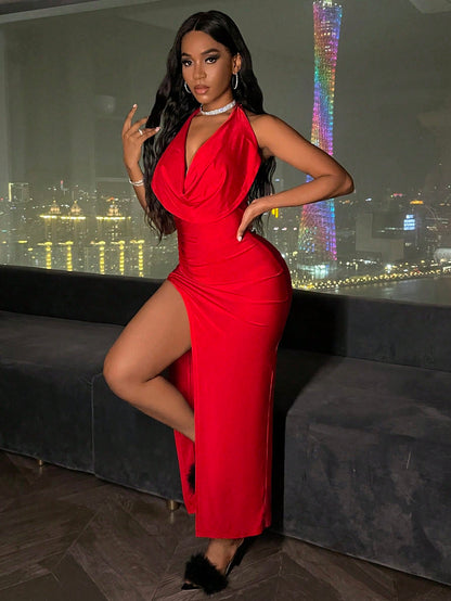 Slayr – Rückenfreies, vorne drapiertes, geschlitztes Neckholder-Kleid mit rückenfreiem Schnitt
