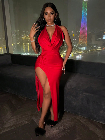 Slayr – Rückenfreies, vorne drapiertes, geschlitztes Neckholder-Kleid mit rückenfreiem Schnitt