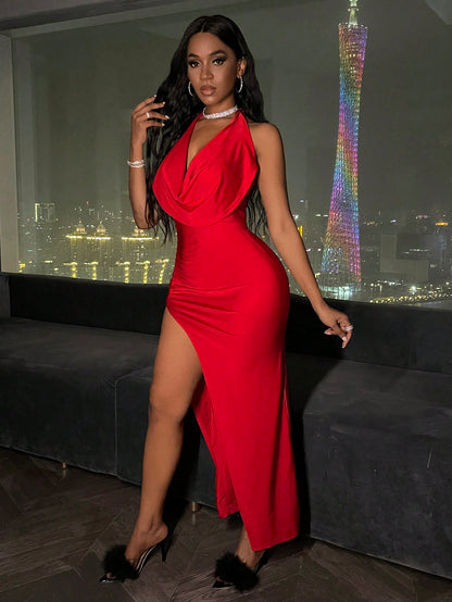 Slayr – Rückenfreies, vorne drapiertes, geschlitztes Neckholder-Kleid mit rückenfreiem Schnitt