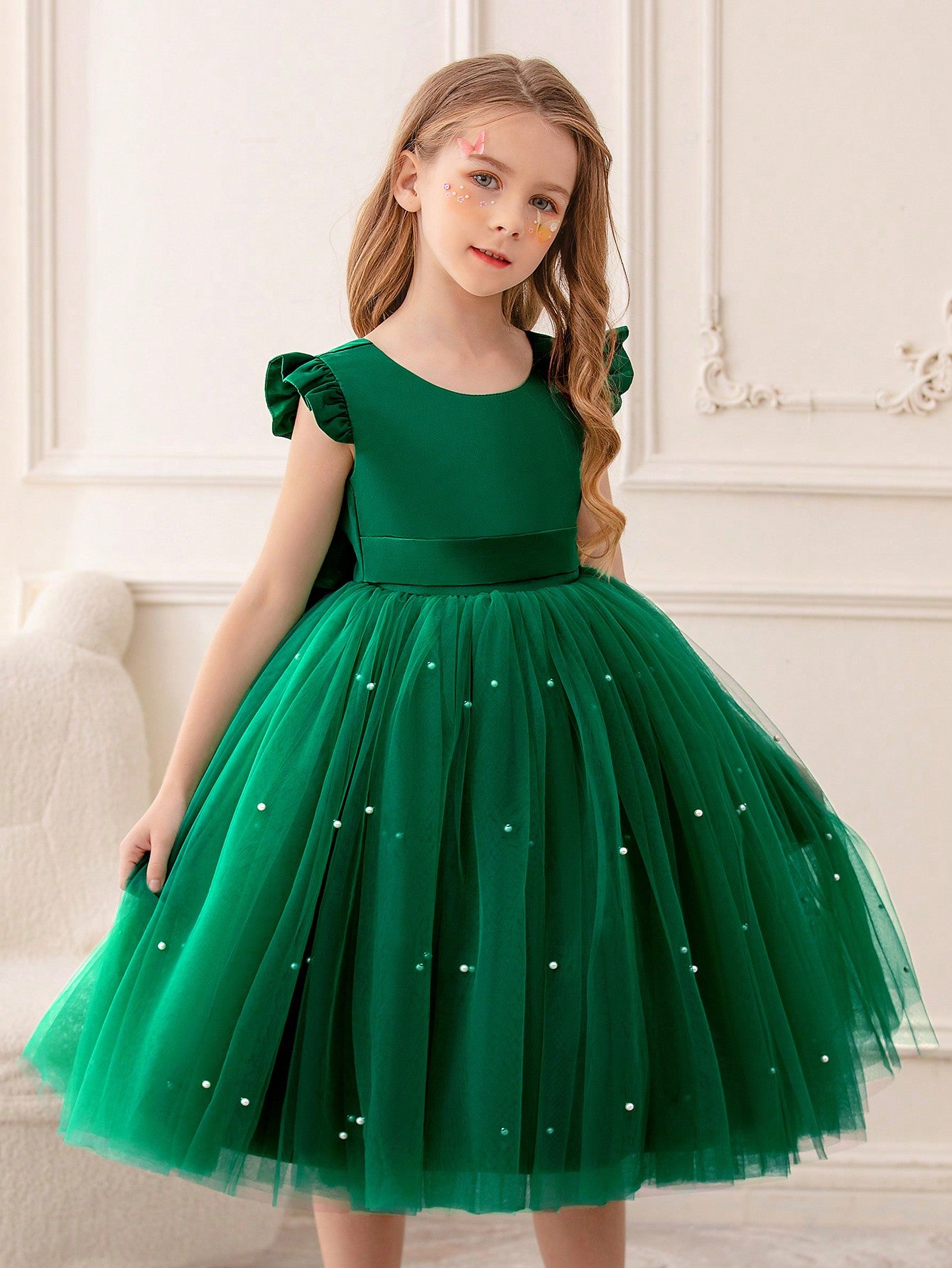 Young Girls' Butterfly Sleeve Mesh Dress With Princess Dress, Suitable For Birthday Party, Dance Party, Casual Wear, Instrumental Concert, Stage Performance