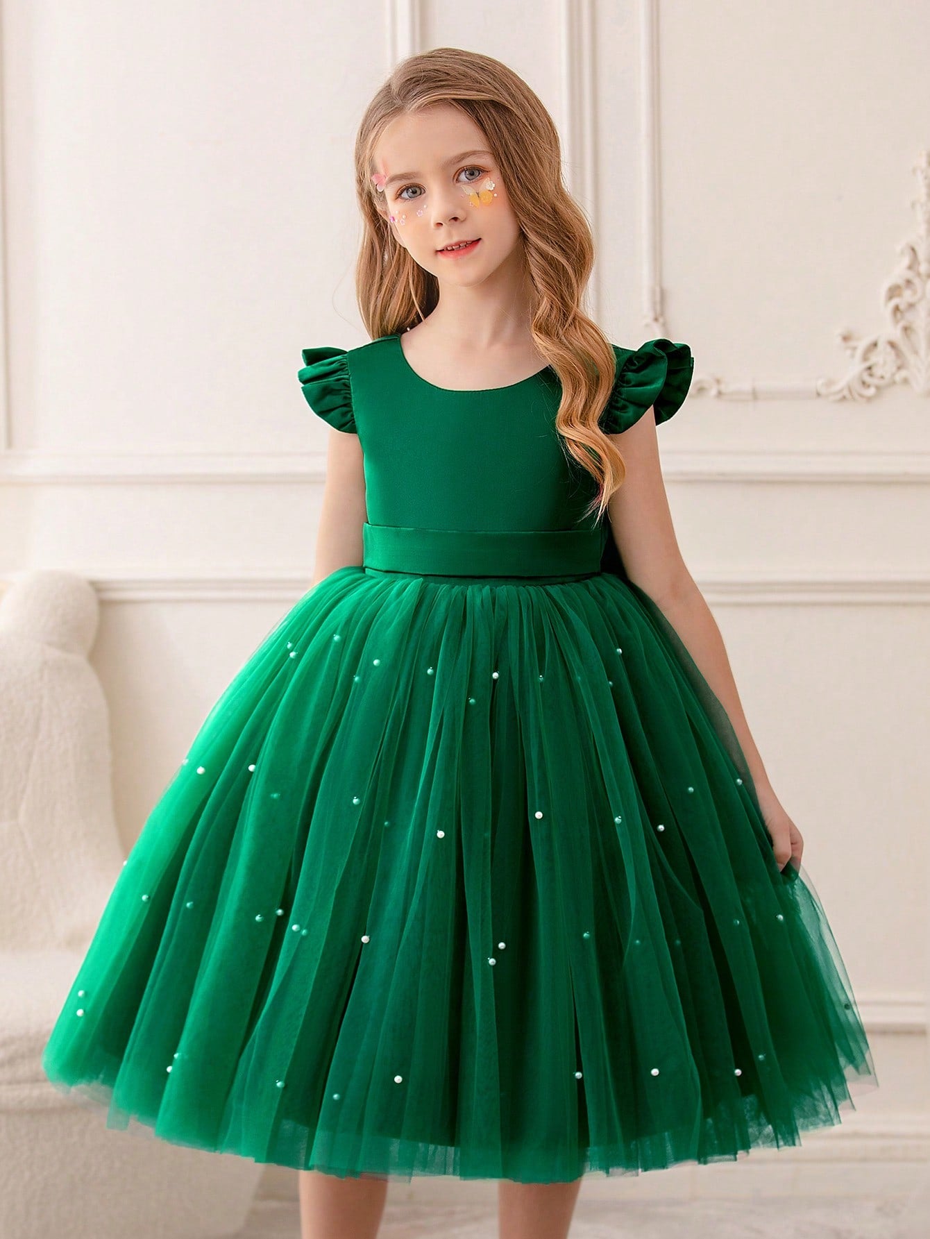 Young Girls' Butterfly Sleeve Mesh Dress With Princess Dress, Suitable For Birthday Party, Dance Party, Casual Wear, Instrumental Concert, Stage Performance