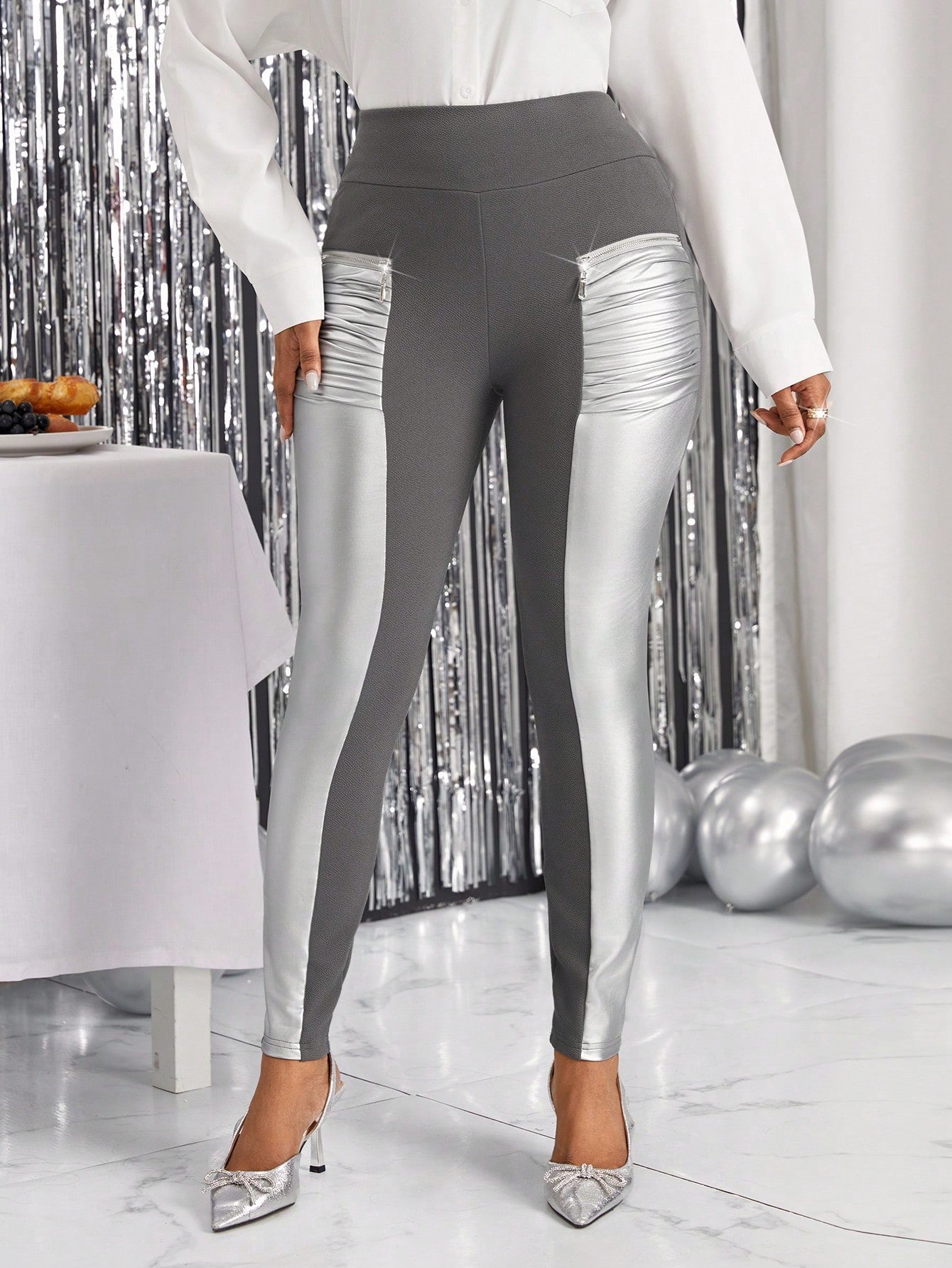 Lady Zip Detail Wideband Waist PU Leather Leggings