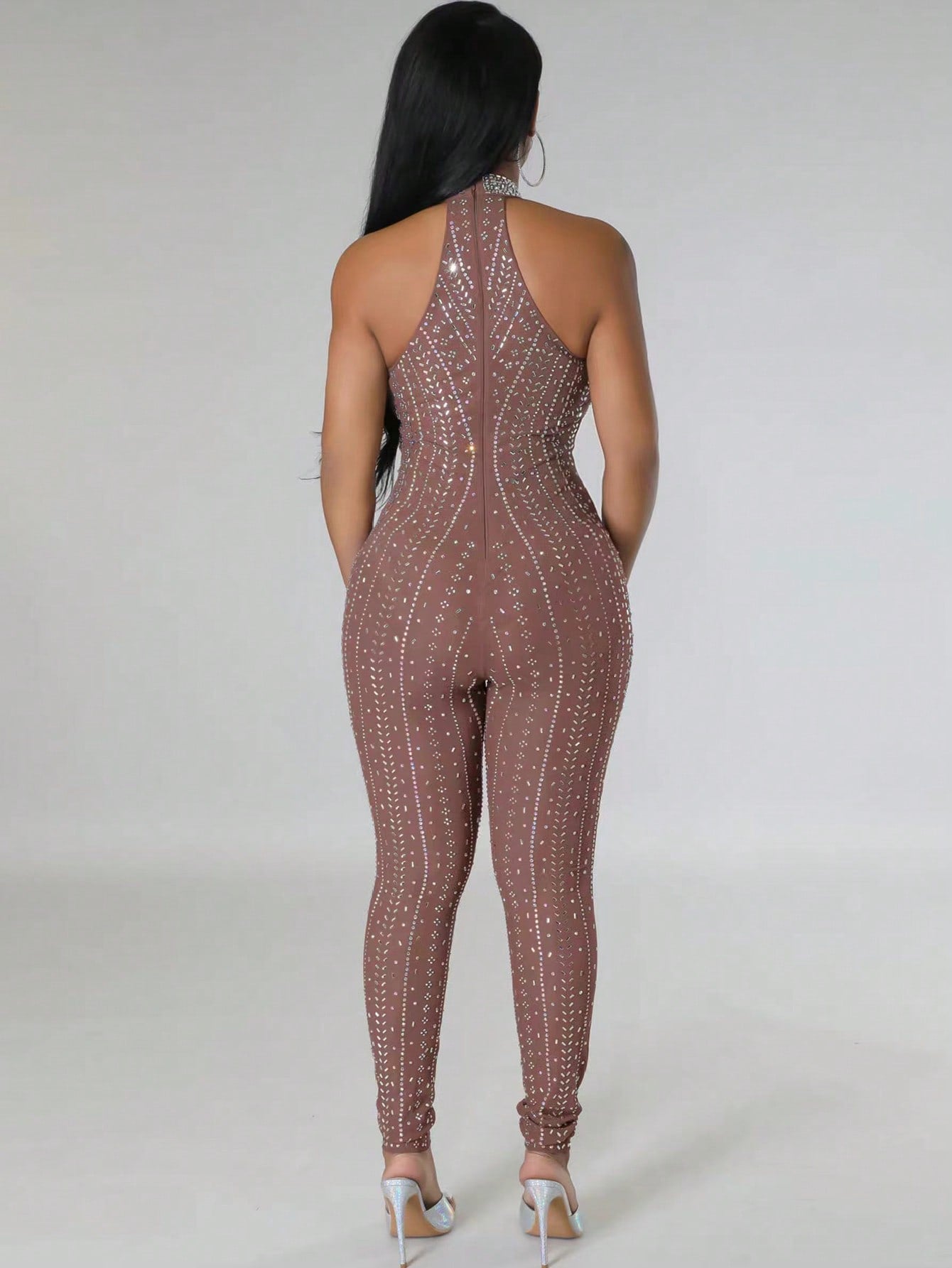 Rhinestone Detail Cut Out Front Halter Neck Backless Unitard Jumpsuit