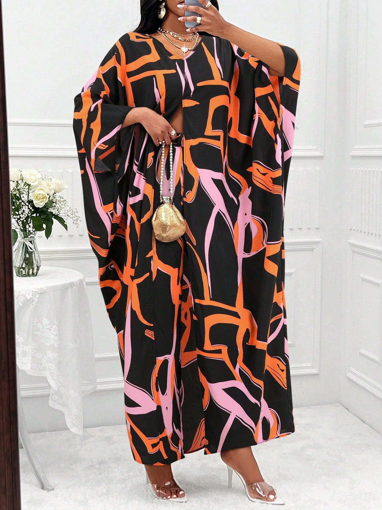 Lady Allover Print Batwing Sleeve Dress & Pants