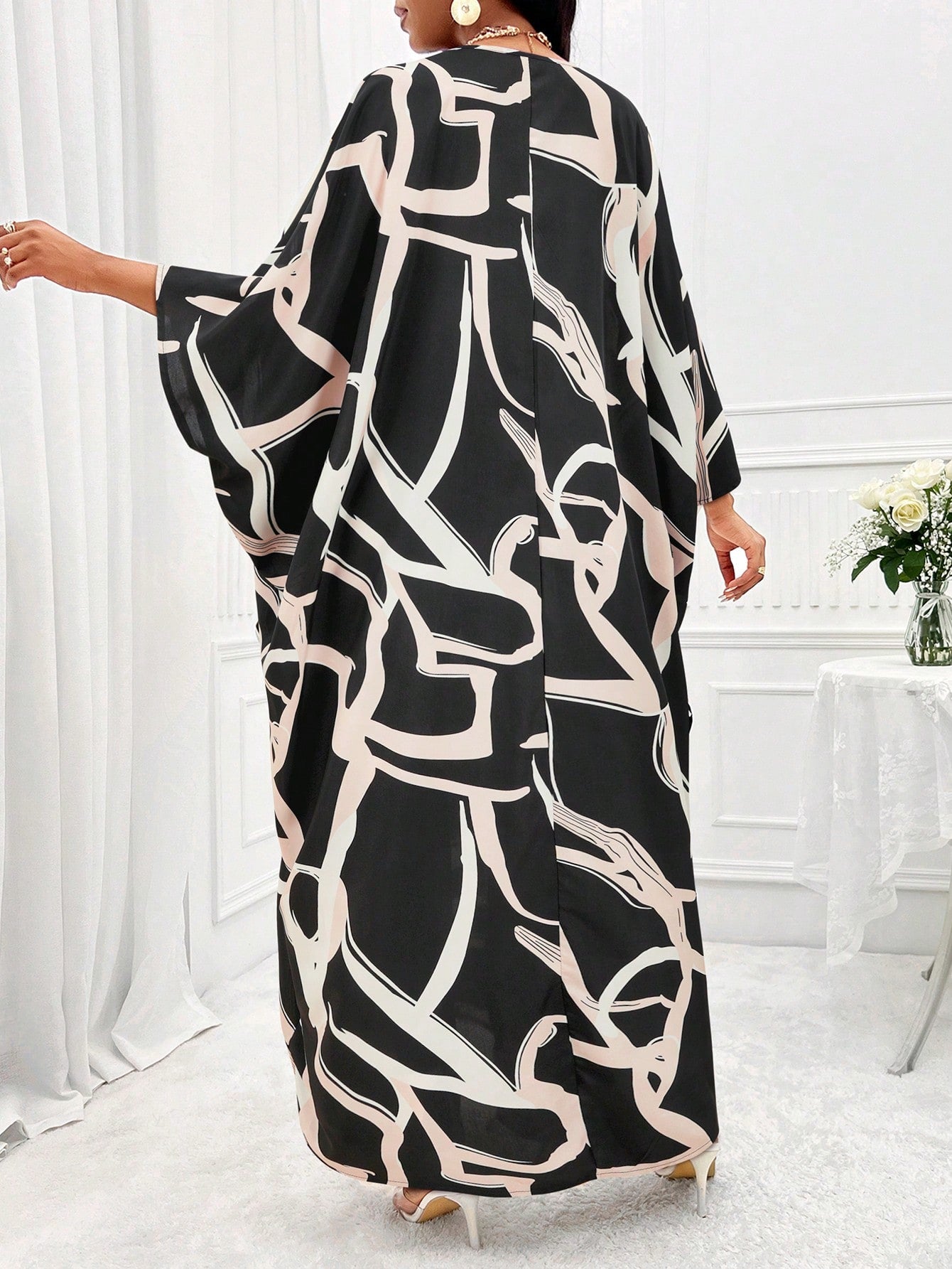 Lady Allover Print Batwing Sleeve Dress & Pants