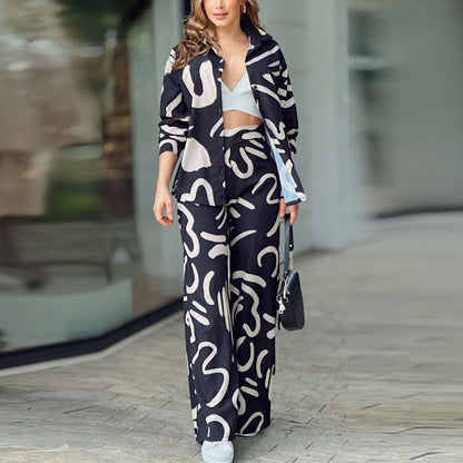 Frauen herbst und winter neue lange ärmeln gedruckt hemd hohe taille hosen mode anzug frauen
