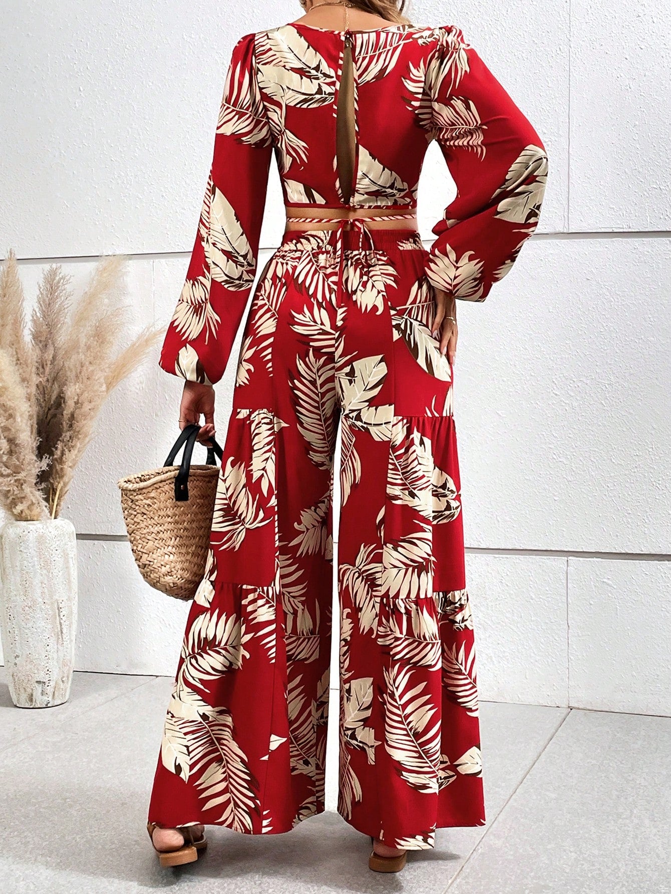 VCAY Tropical Print Tie Backless Lantern Sleeve Top & Wide Leg Pants