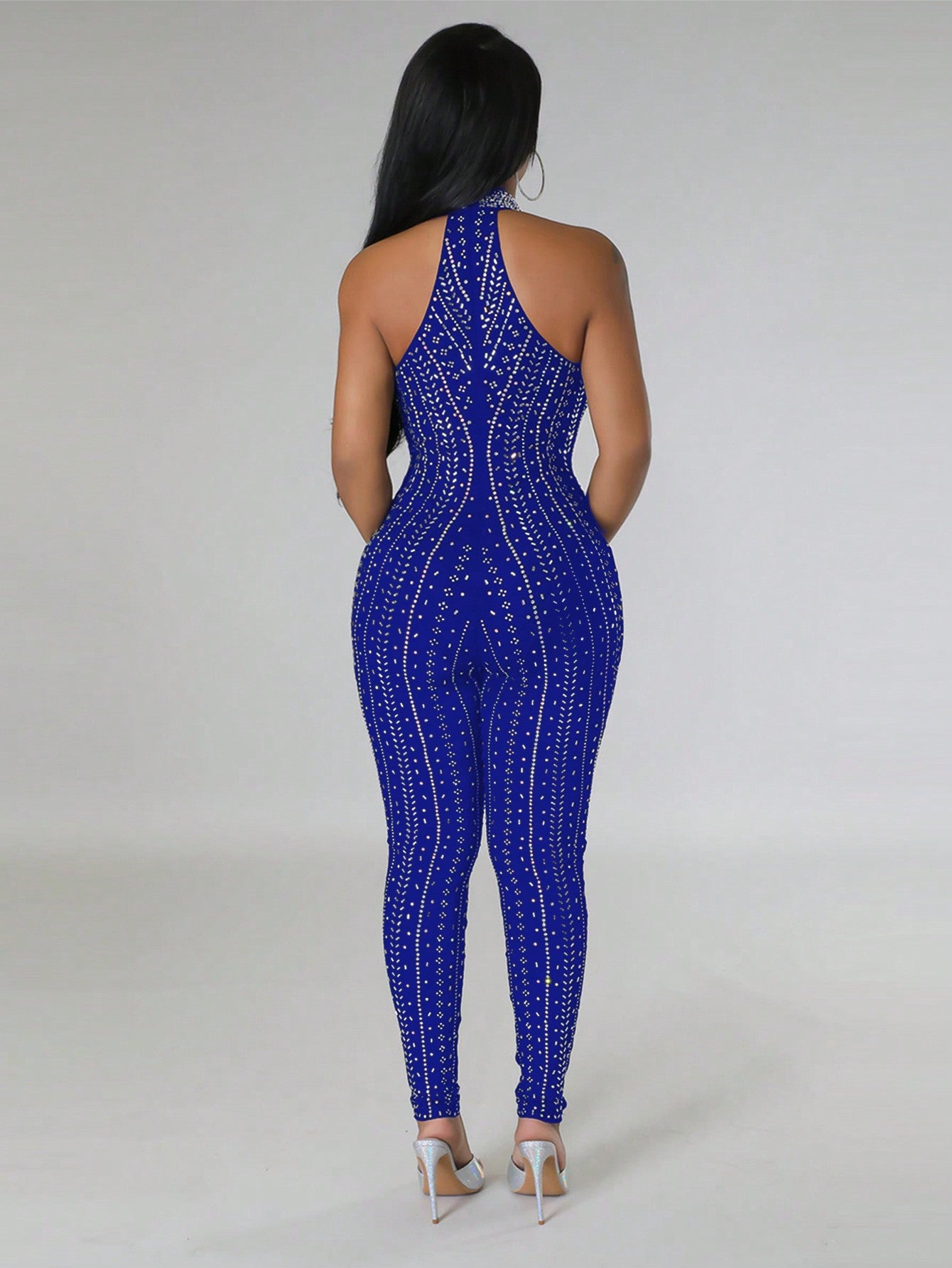 Rhinestone Detail Cut Out Front Halter Neck Backless Unitard Jumpsuit