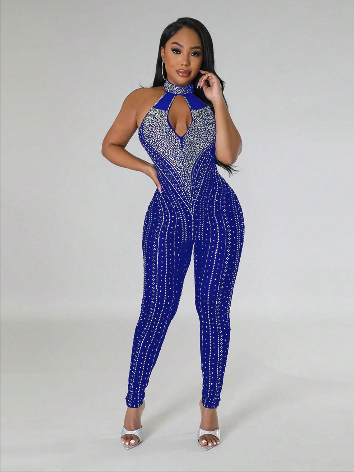 Rhinestone Detail Cut Out Front Halter Neck Backless Unitard Jumpsuit