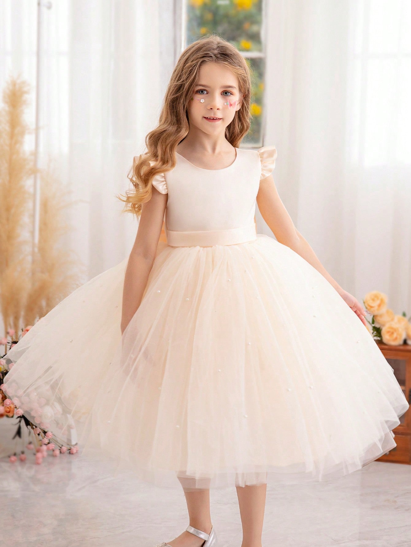 Young Girls' Butterfly Sleeve Mesh Dress With Princess Dress, Suitable For Birthday Party, Dance Party, Casual Wear, Instrumental Concert, Stage Performance