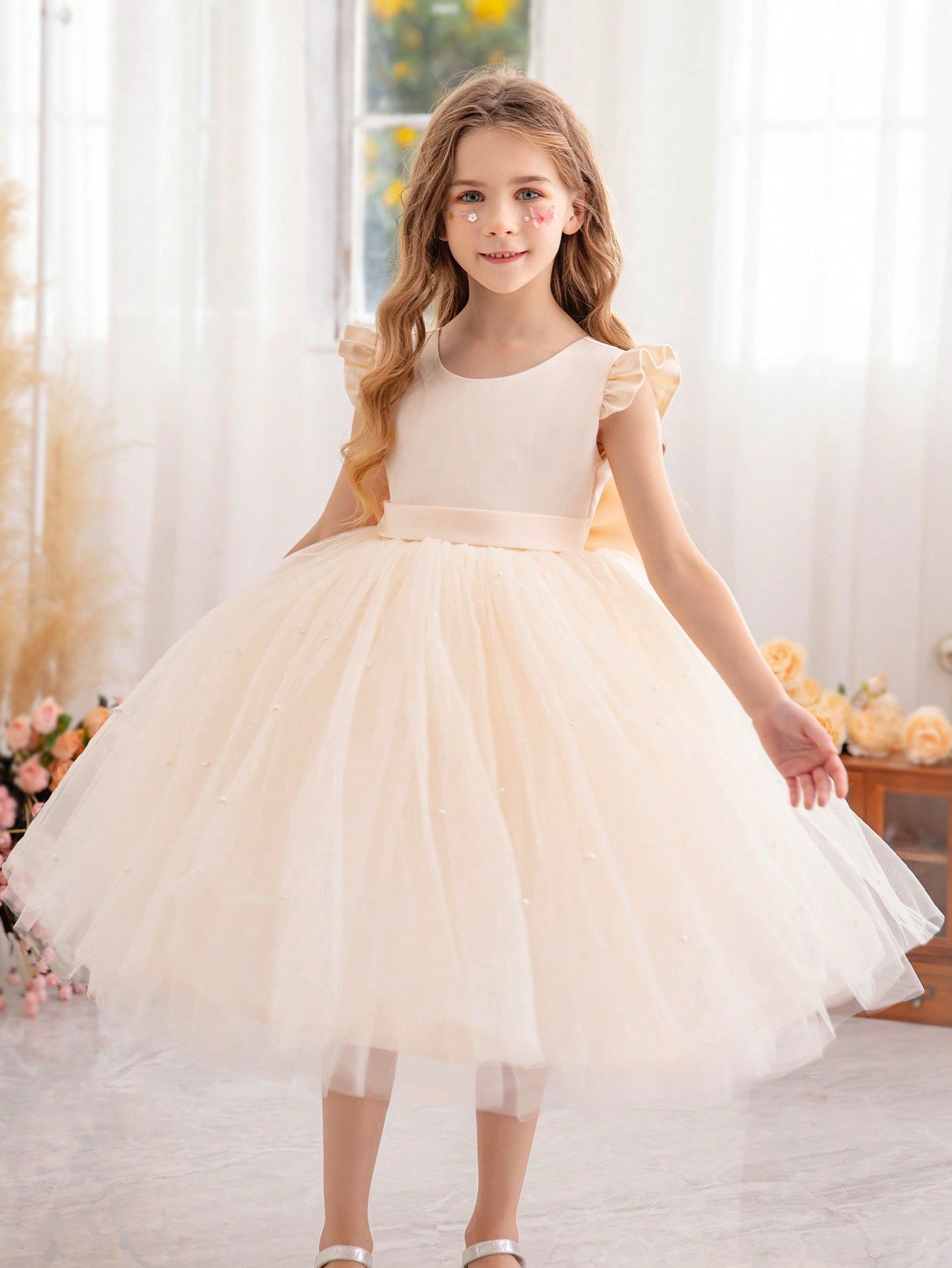 Young Girls' Butterfly Sleeve Mesh Dress With Princess Dress, Suitable For Birthday Party, Dance Party, Casual Wear, Instrumental Concert, Stage Performance