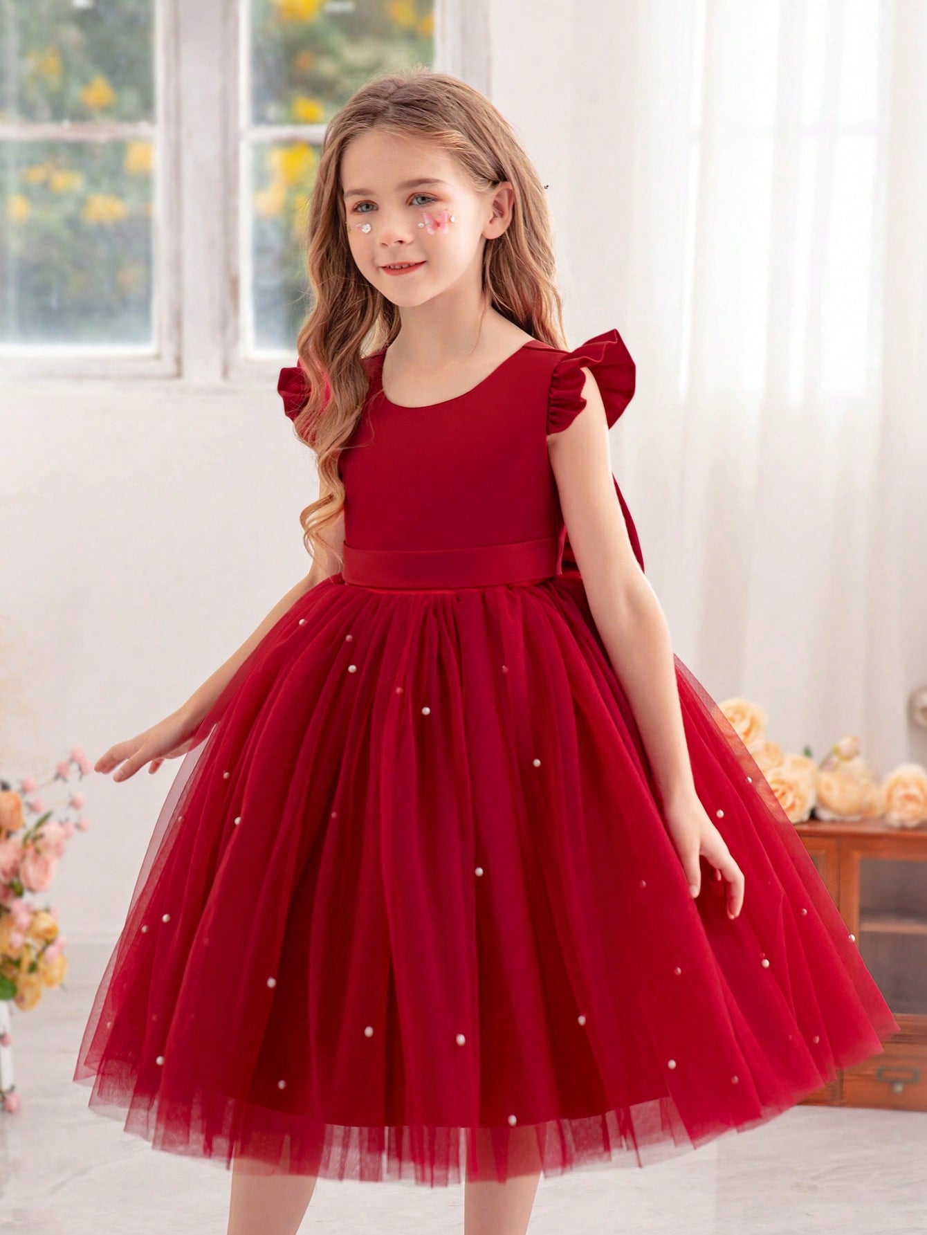 Young Girls' Butterfly Sleeve Mesh Dress With Princess Dress, Suitable For Birthday Party, Dance Party, Casual Wear, Instrumental Concert, Stage Performance