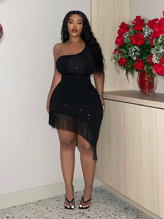 Slayr One Shoulder Fringe Splice Plus Size Bodycon Dress