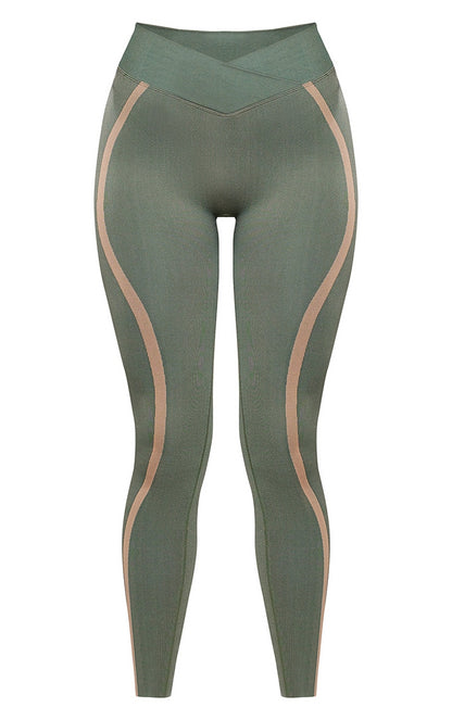 PLT SPORT Pale Green Seamless Contrast Jacquard V Front Leggings