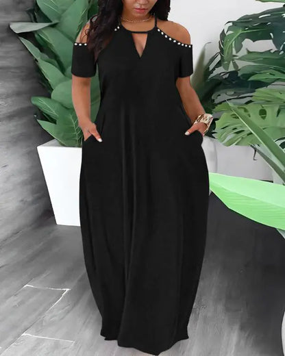 Plus Size Maxikleid mit schulterfreien Ärmeln und Perlendekor