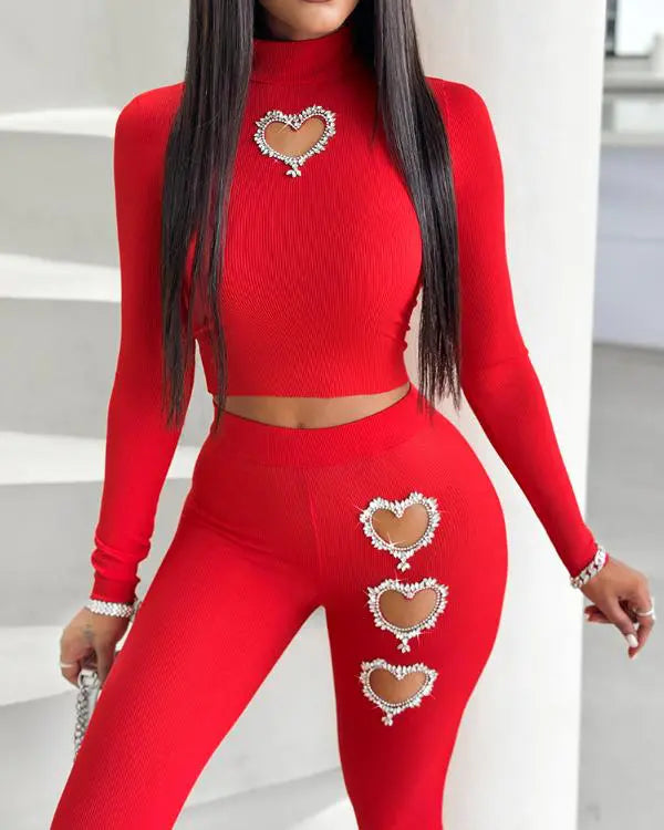 Hollow Heart Rhinestone Top & Pants Set