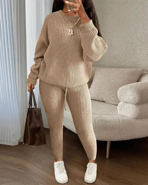 Round Neck Knit Top & Drawstring Pants Set