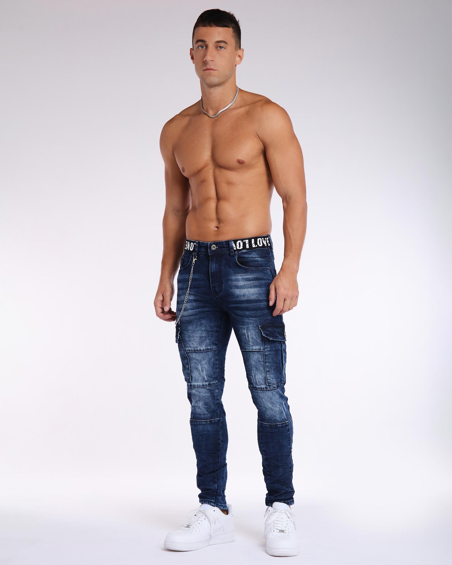 Printed Waist Slim Fit Workwear Blue Jeans