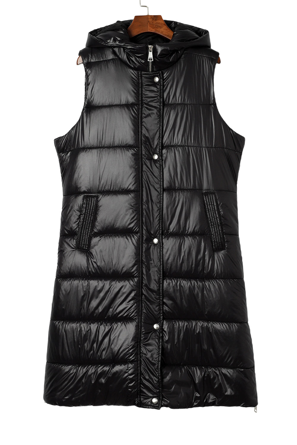 Black Hooded Long Quilted Vest Coat-12