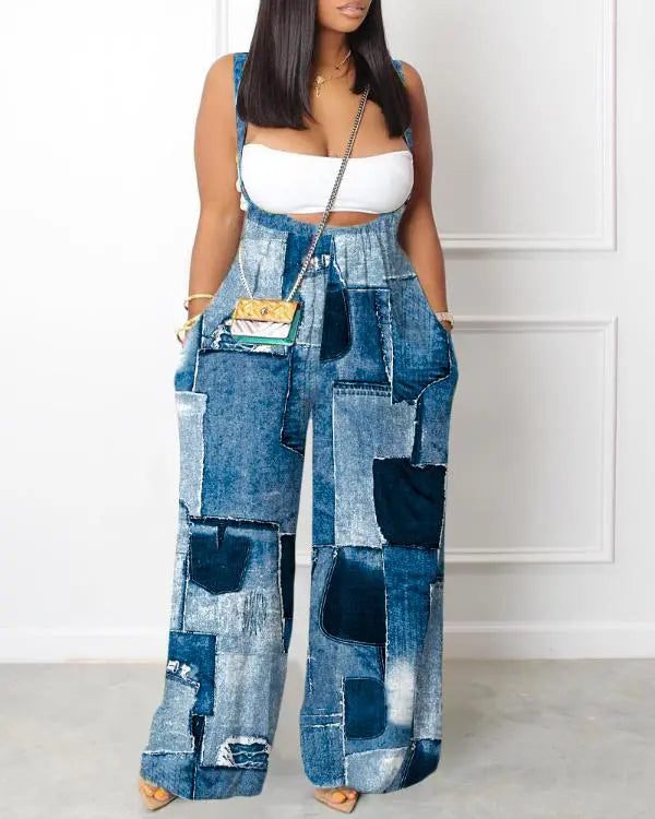 Denim Look Print Wide Leg Suspender Jumpsuit