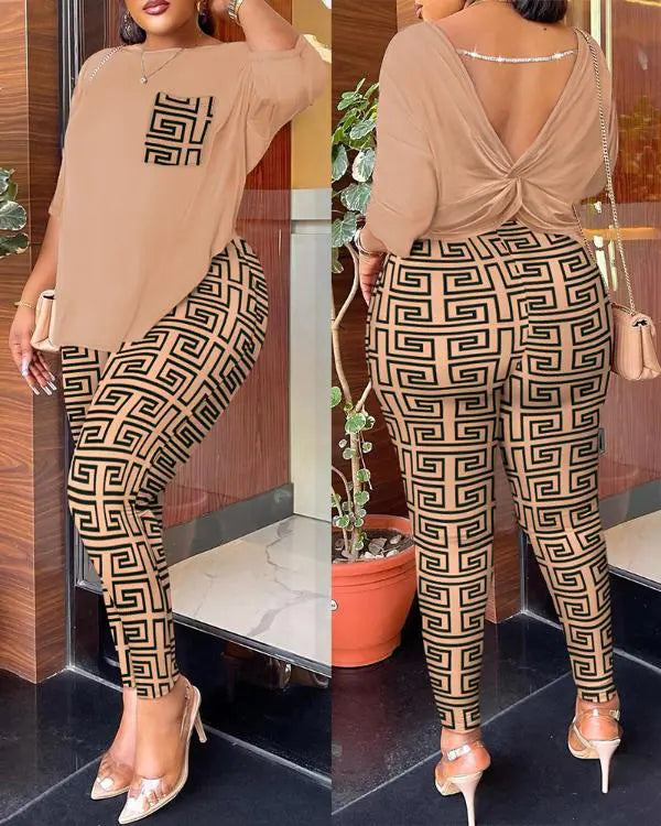 Geometric Print Twisted Backless Top & Pants Set