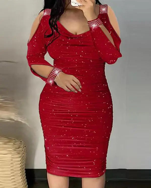 Plus Size Rhinestone Cold Shoulder Party Dress