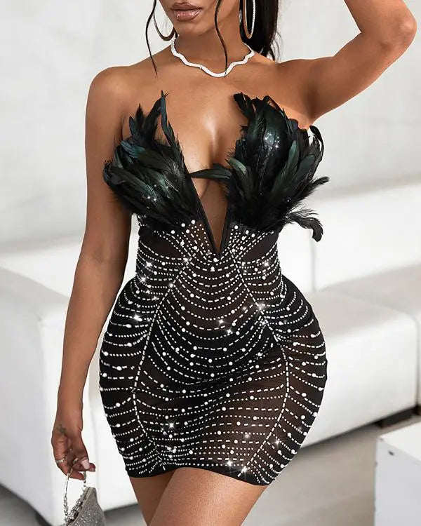 Bandeau Rhinestone Feather Detail Party Dress