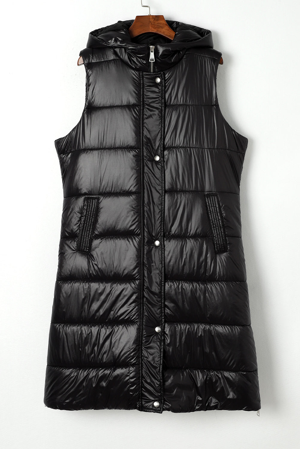 Black Hooded Long Quilted Vest Coat-6