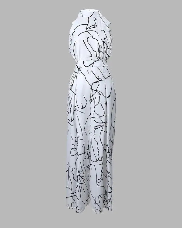 Abstract Figure Print Wide Leg Jumpsuit