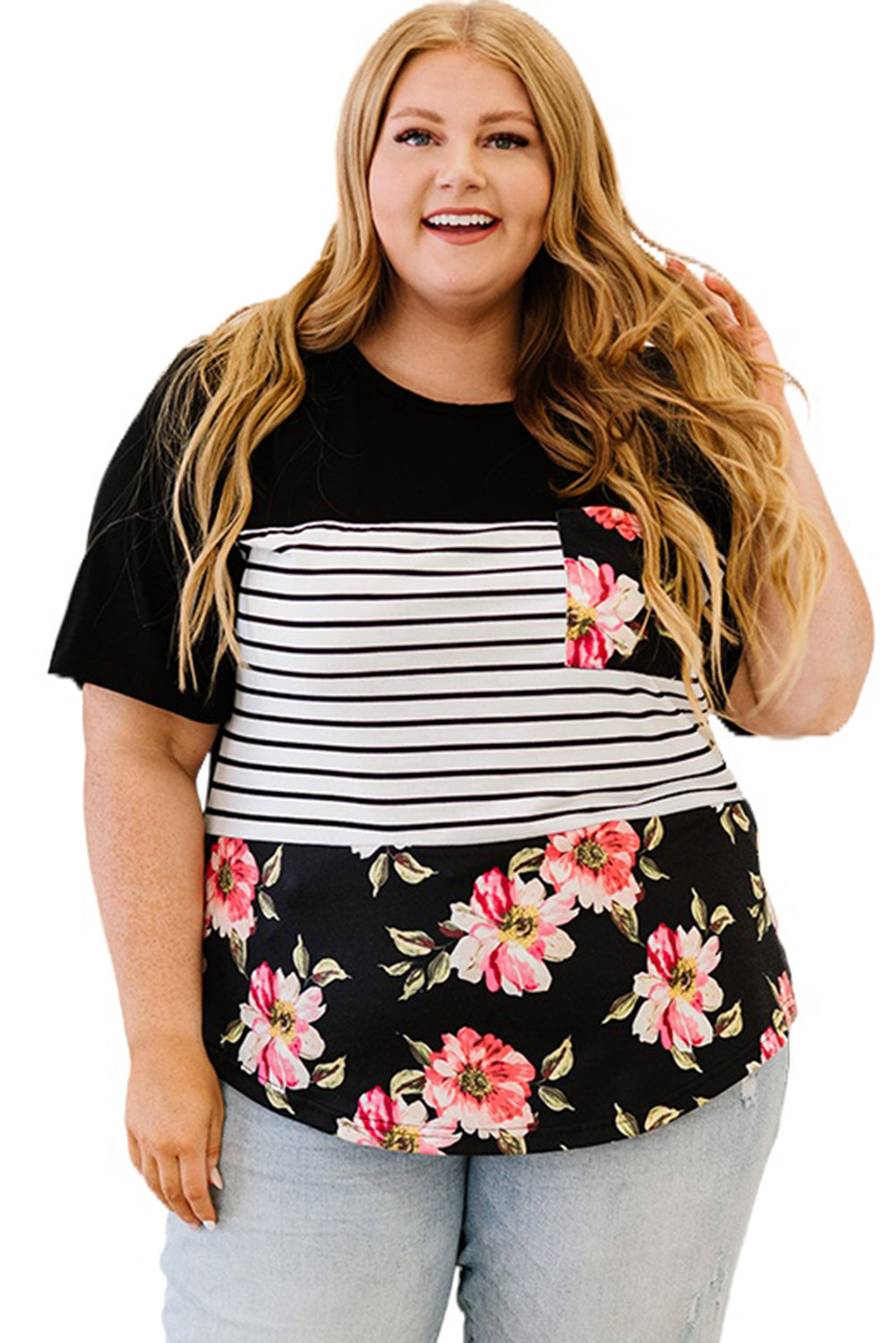 Black Plus Size Splicing Block Stripe Floral Short Sleeve Top-6