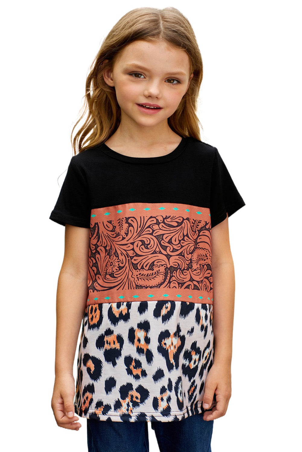 Brown Print Leopard Colorblock Girls' T-shirt-5