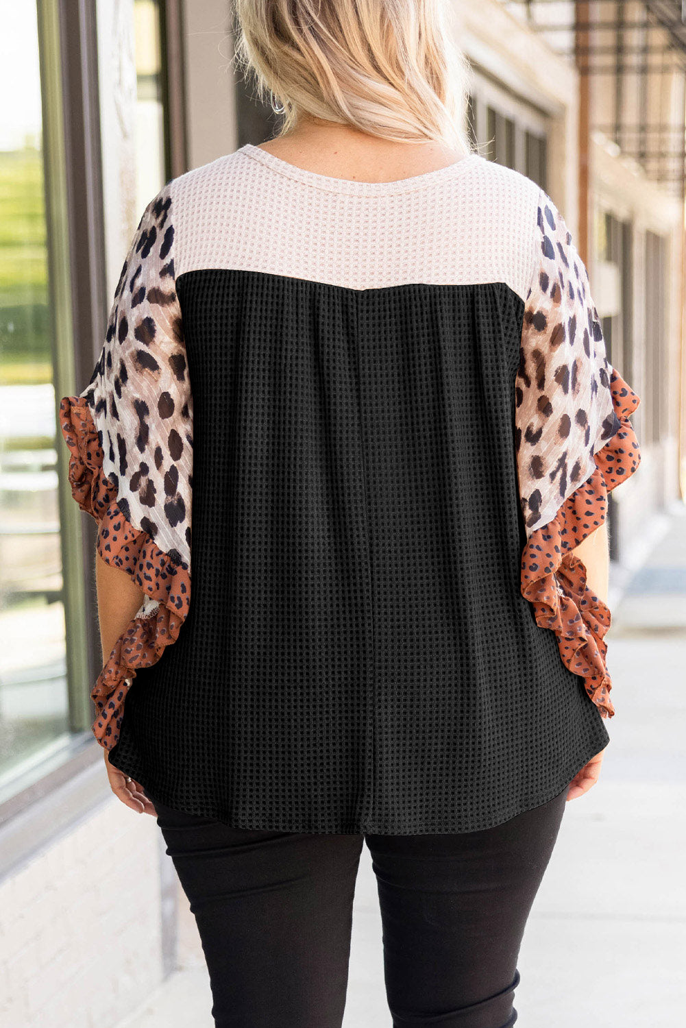 Black Waffle Knit Animal Print Ruffle Sleeves Plus Size Top-1