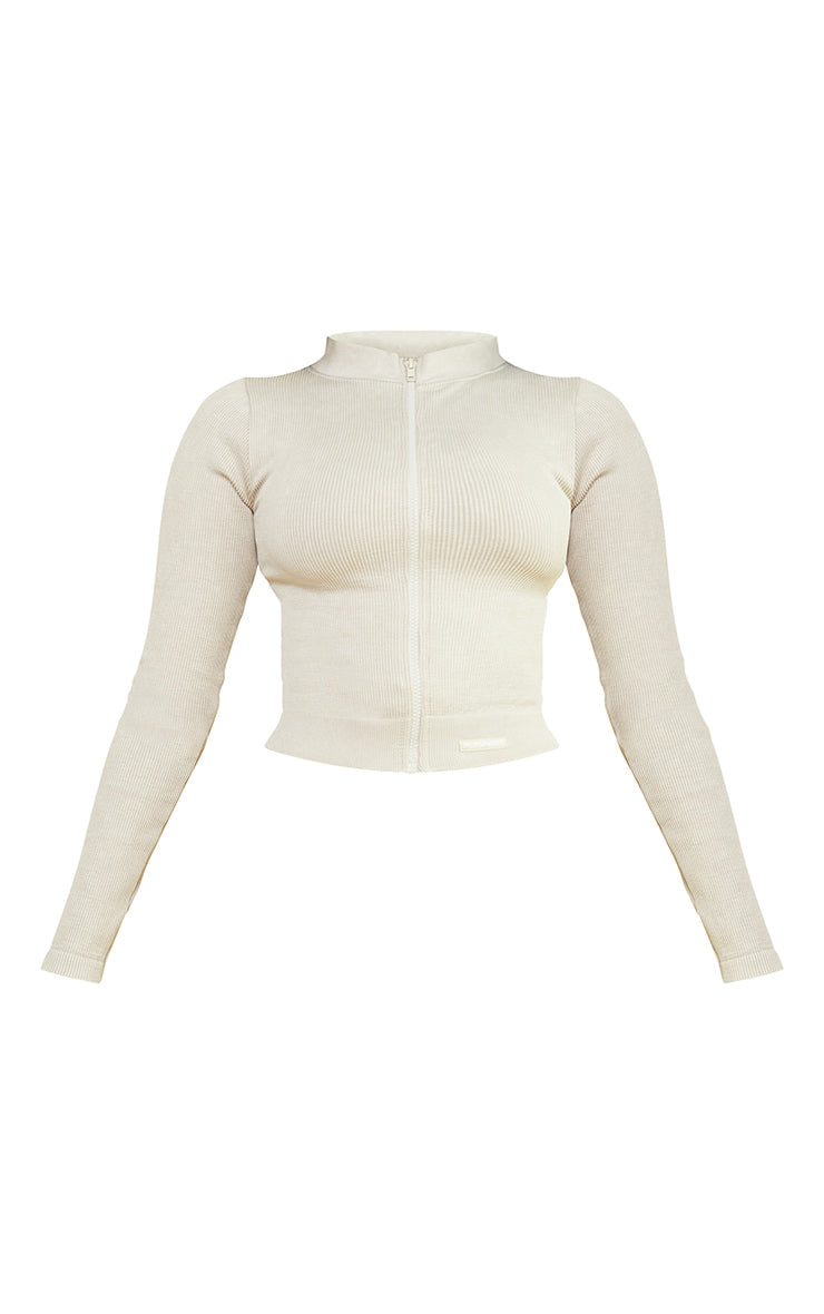 Oatmeal Acid Wash Seamless Ribbed Zip Up Cropped Sports Jacket