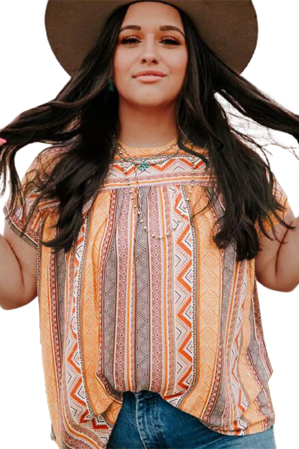 Multicolor Tribal Geometric Print Plus Size Short Sleeve Top-12